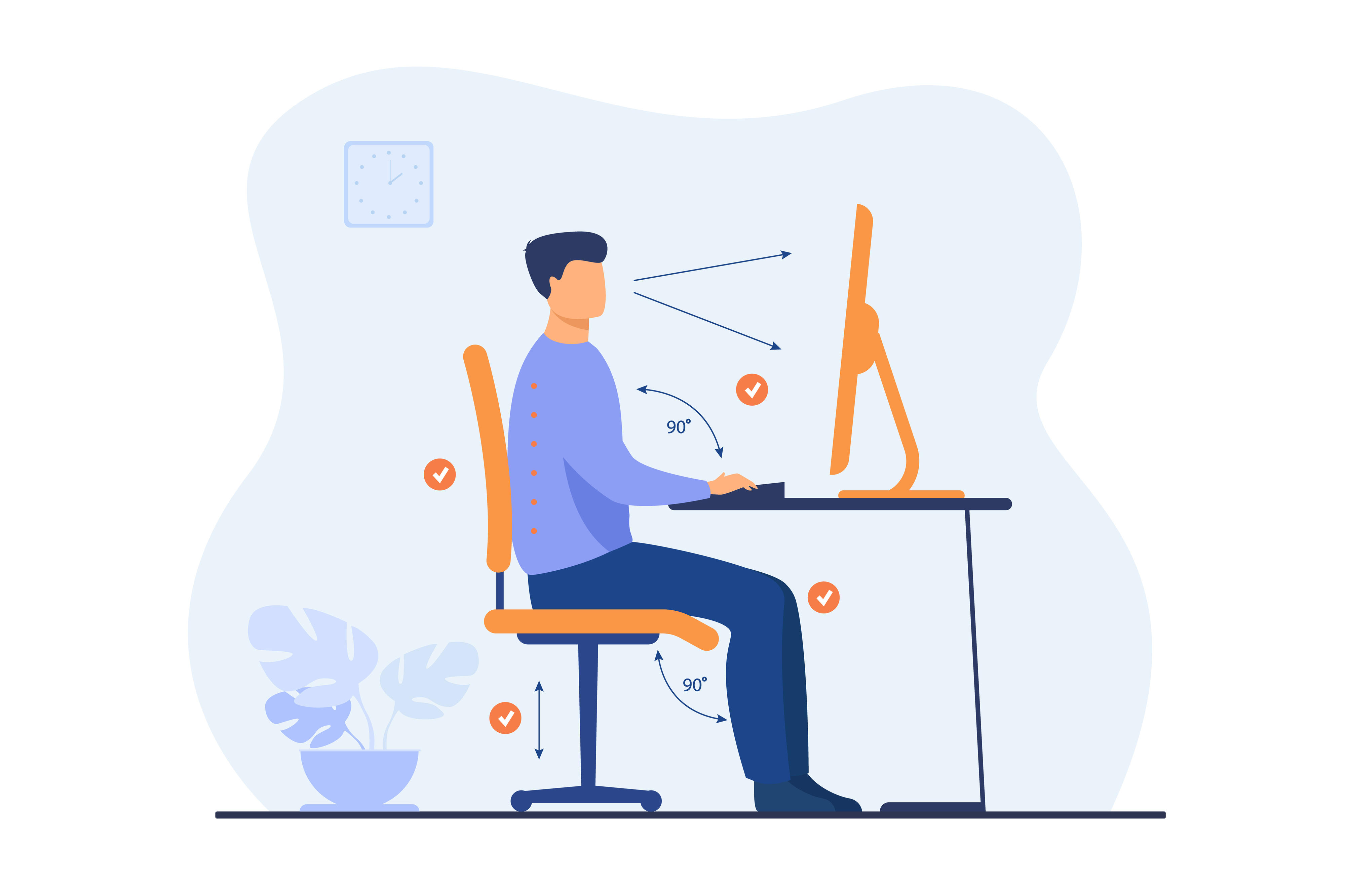 Illustration: Mensch am Schreibtisch mit ergonomisch eigestelltem Stuhl, Bildschirm, Tisch