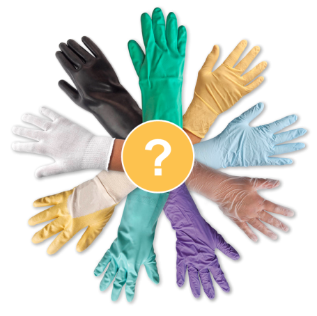 Verschiedene Handschuhe in einem Kreis angeordnet, in der Mitte ein Fragezeichen