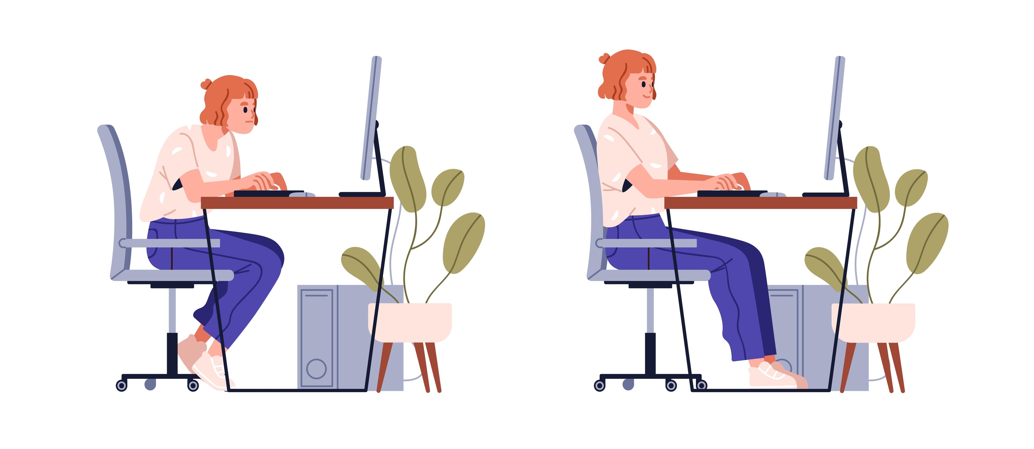 Illustration: Links sitzt eine Frau zu nah und nicht ergonomisch vor dem Bildschirm, rechts sitzt sie ergonomisch wie im Text beschrieben.